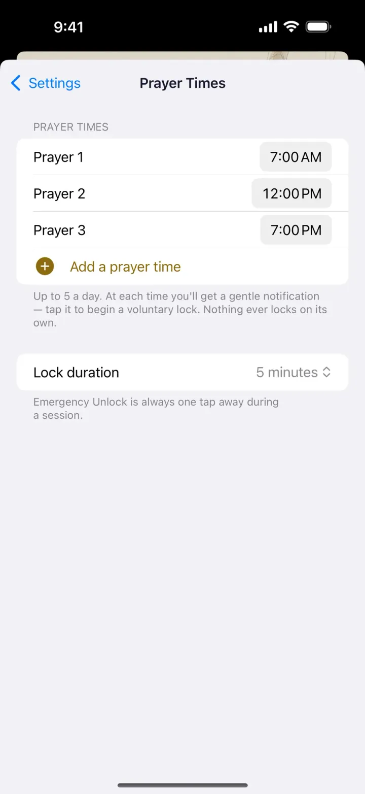 Setting daily prayer reminder times in Harbor & Cross