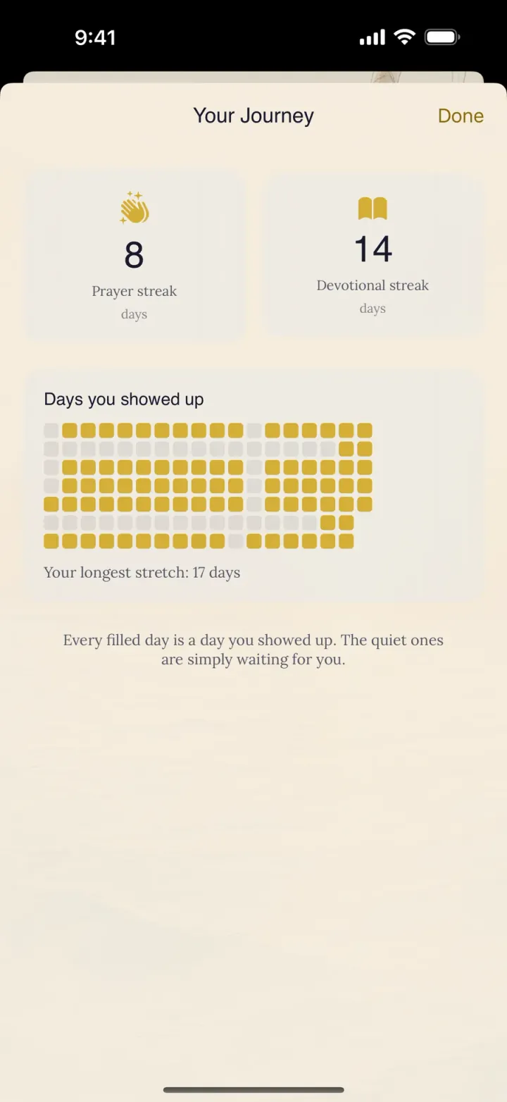 The streak and stats screen in Harbor & Cross showing daily consistency