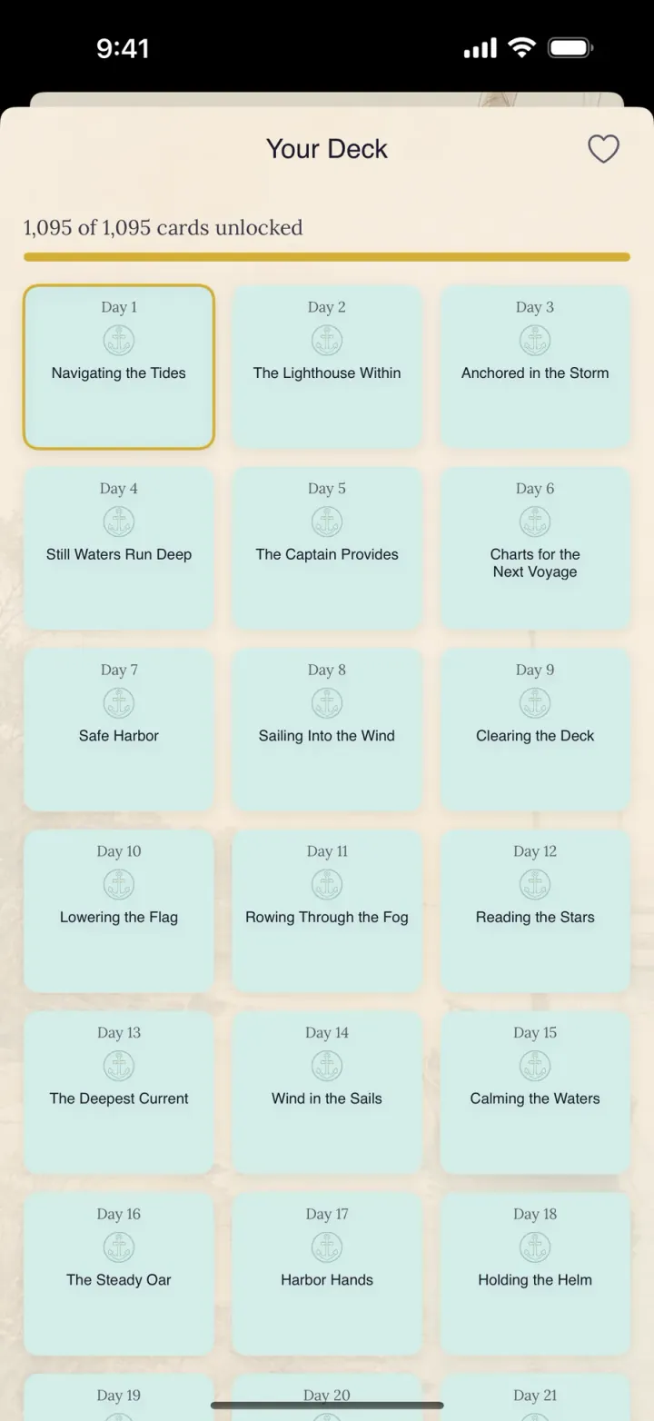 The Harbor & Cross library — 1,095 hand-illustrated devotional cards, three years of mornings