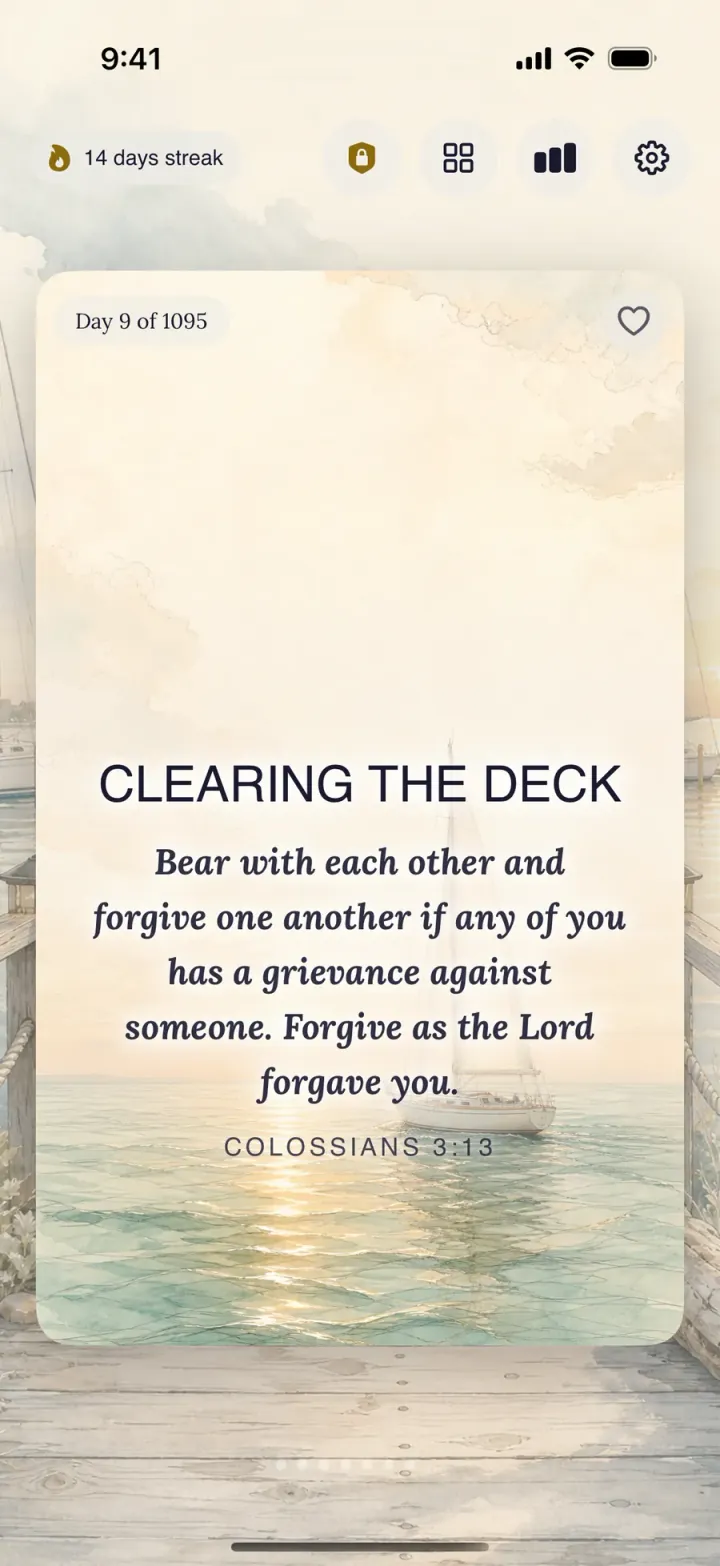 The daily devotional card in Harbor & Cross showing a 14-day streak above the day's verse and reflection